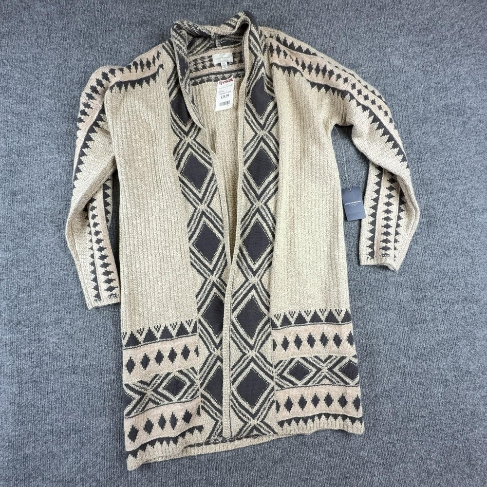 Lucky Brand Cardigan Sweater Womens Small Beige Geometric Open Front Longline